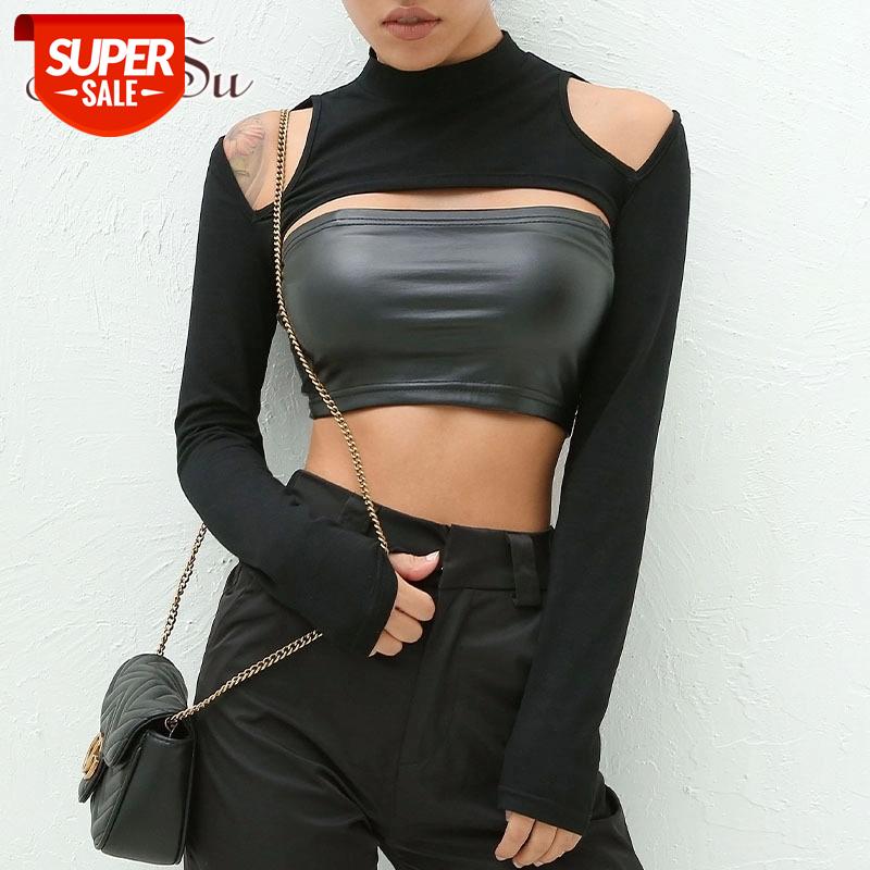 

ArtSu Cut Out Off Shoulder Top Black Tee Shirt Femme Crop Tshirt Women Long Sleeve T shirt Harajuku Punk Streetwear ASTS21303 #pe8p, White