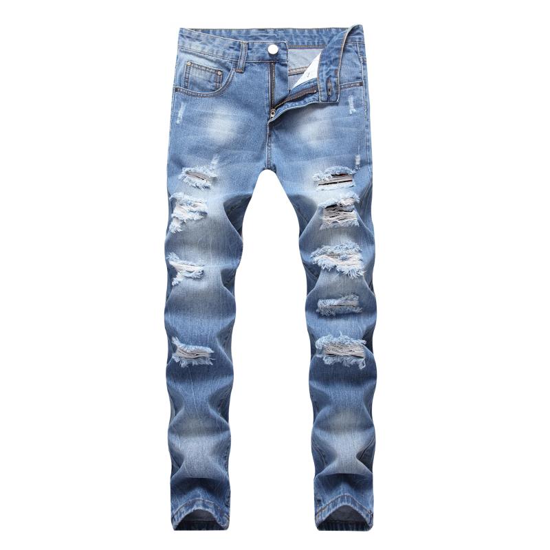 

2021 Hot Sale Men's Sweatpants Fashion Street Wear Ripped Jeans Light Blue Male Straight Slim Denim Trousers Hommes Cowboy Pants