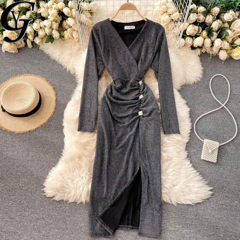 

2020 Elegant Sequins Maxi Dress for Women Sexy Deep V-neck Long Sleeve High Waist Birthday Party Christmas Dresses Vestido Mujer, Black