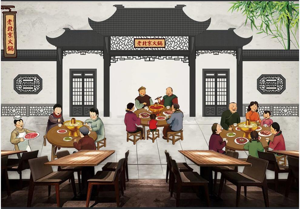 

Custom mural 3d photo wallpaper Hand-painted old Beijing hot pot restaurant catering tooling wallpaper for wall 3 d home decor, Non-woven