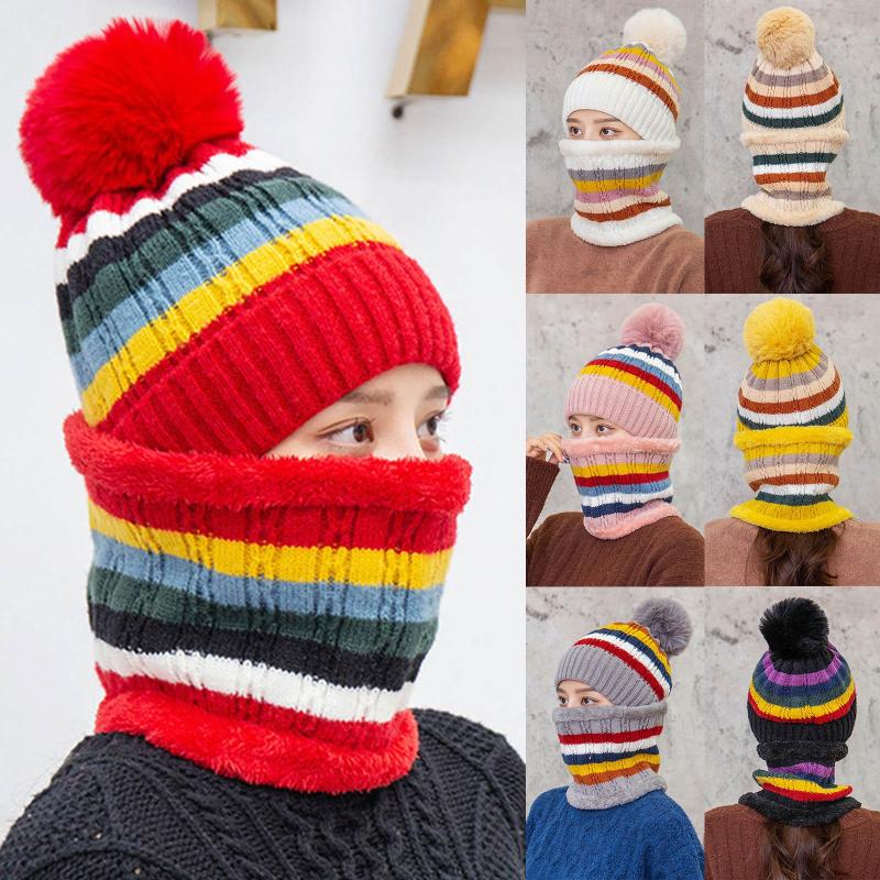 

Autumn and winter color matching stripes ladies color matching warm earmuffs two-piece knitted hat scarf thickening cold
