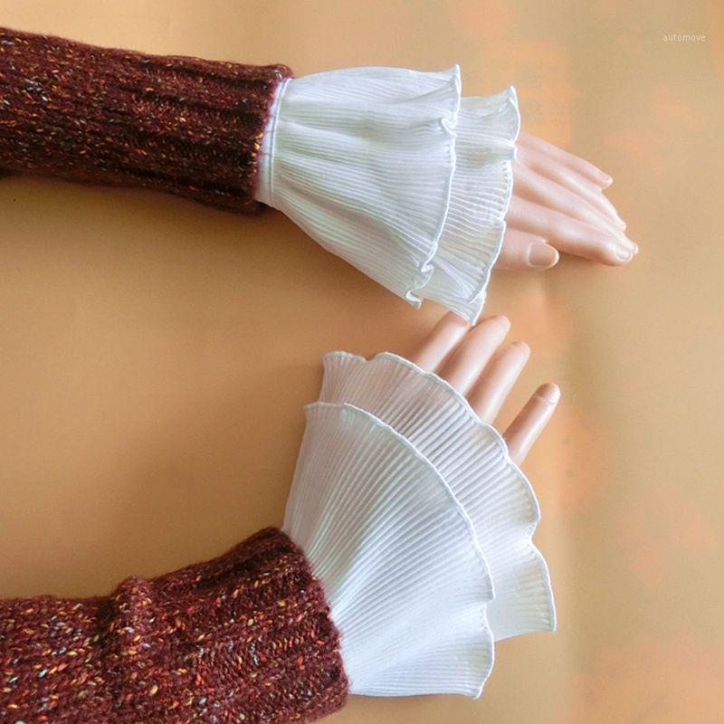 

Women Layered Striped Horn Cuff Agaric Ruffles Wrinkled Fake Sleeve Wrist Warmer T8NB1