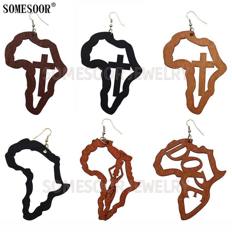

SOMESOOR Laser Cut African Map Women Shape Wooden Hollow Out Drop Earrings Ethnic Tribal Loops Jewelry Black Girl Women Gifts