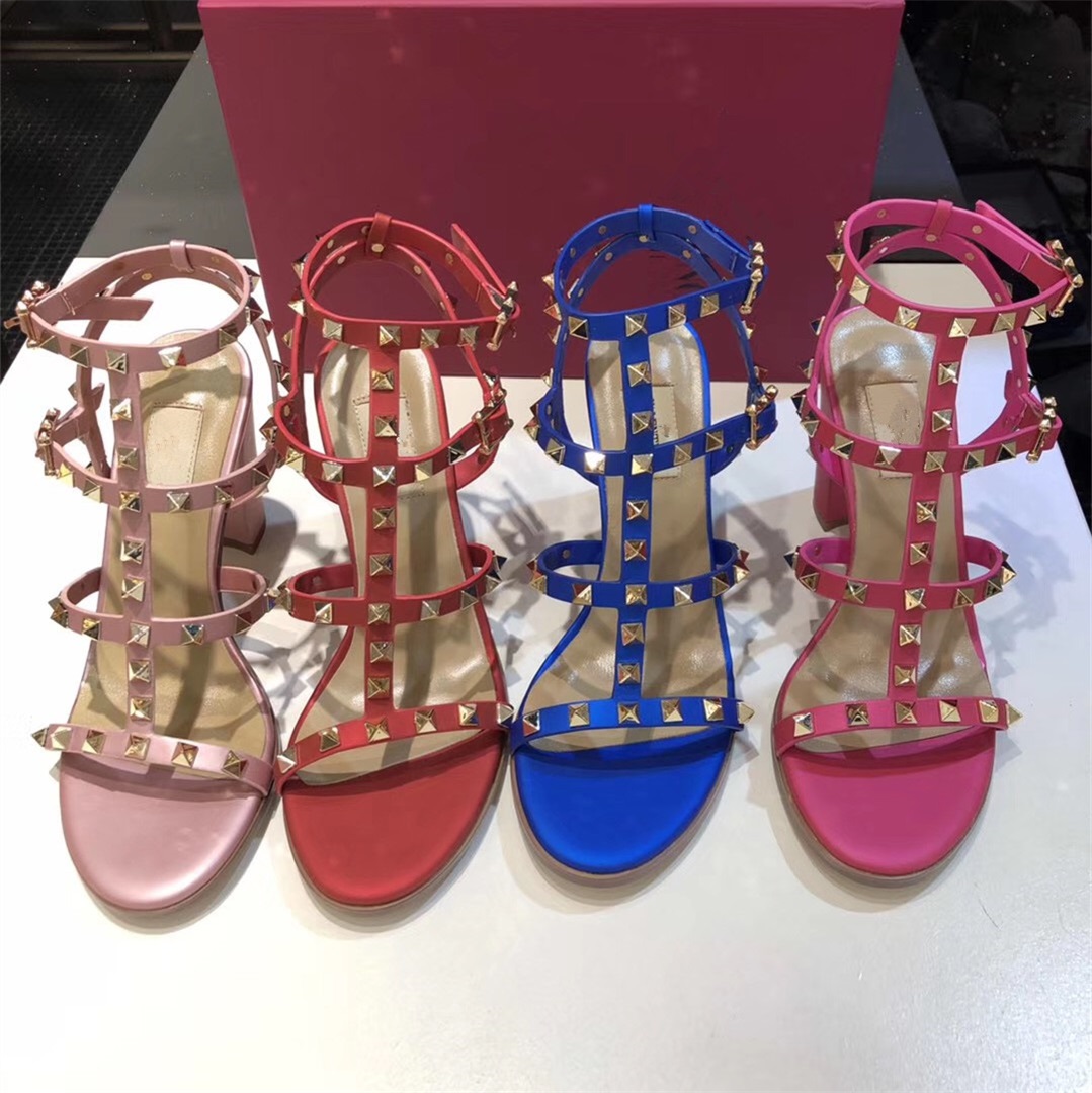 

Top Quality Designer Latest Fashion Stud Rivets Sandals leather For Women High Heels Chunky Heel Metal Buckle Strap Ankle Wrap Open Toe Outdoor Party Banquet Slide, Customize