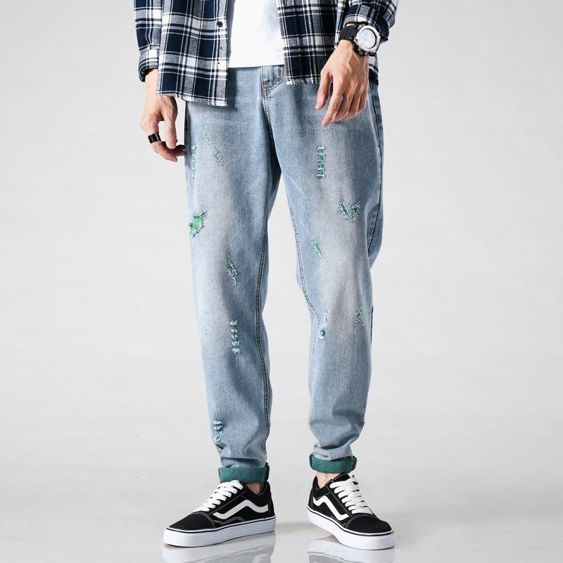 

2021 Spring Men's Washed Jeans Youth Trendy Casual Loose Slim Hole Pencil Pants High Waist Straight Cropped Trousers For Male, Light blue