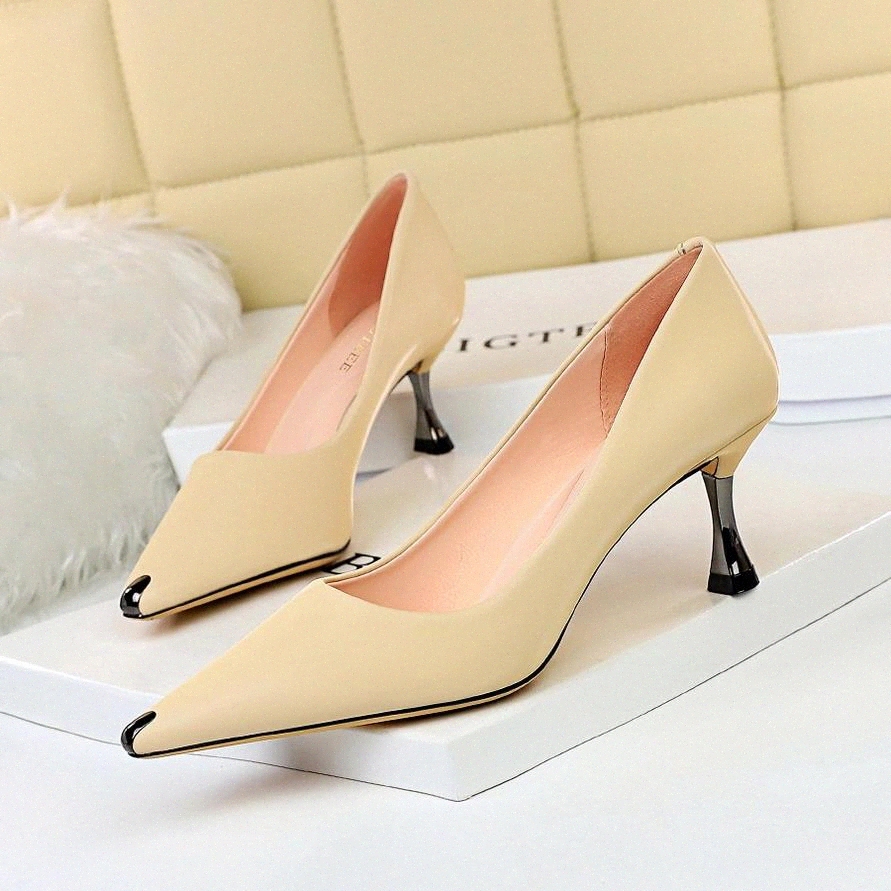 

2020 High Heels Shoes Women office Pump shalow Slip on Slide fashion zapatos de mujer brand pointed toe Stilettos black beige #VT11