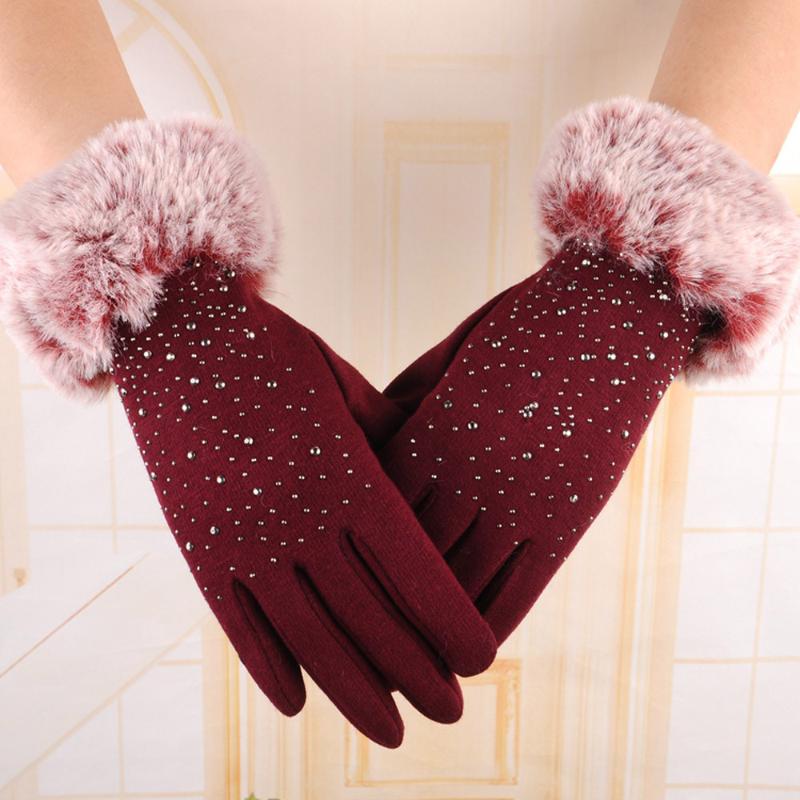 

Five Fingers Gloves 2021 Winter Outdoor Sport Warm Solid Color Comfortable Creative Hairy With Drill Ladies