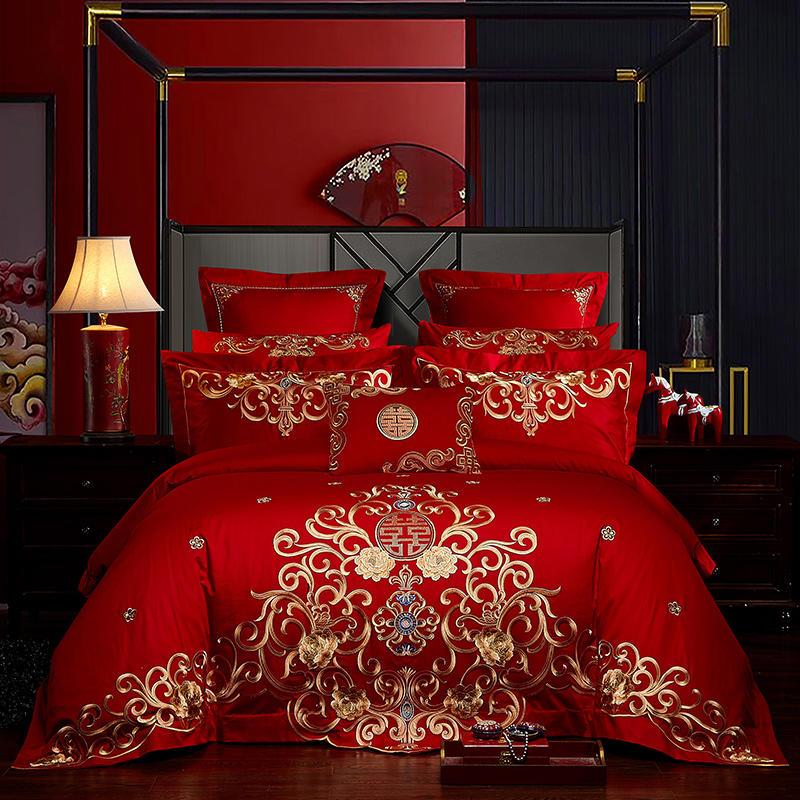 

Chinese Style Gold Embroidery Red Bedding Set Cotton Solid Color Princess Wedding Quilt/Duvet Cover Bed Sheet Linen Pillowcases