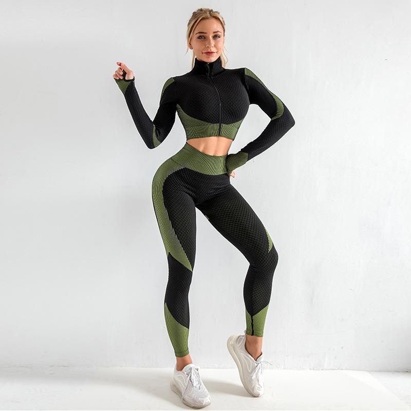 

Women Seamless Yoga Set Sport Fitness Suit Female Gym Clothes Workout Long Sleeve Shirt High Waist Leggings Two Pcs Exercise Set1, Green