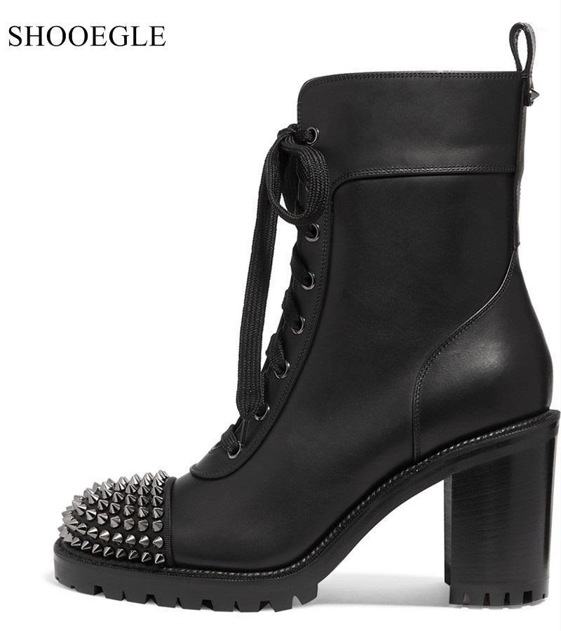 

New Cool Black Boots For Women Thick Bottom Rivets High Heels Lace Up Motorcycle Boots Retro Style Short Booties Female1, 8.5cm heel