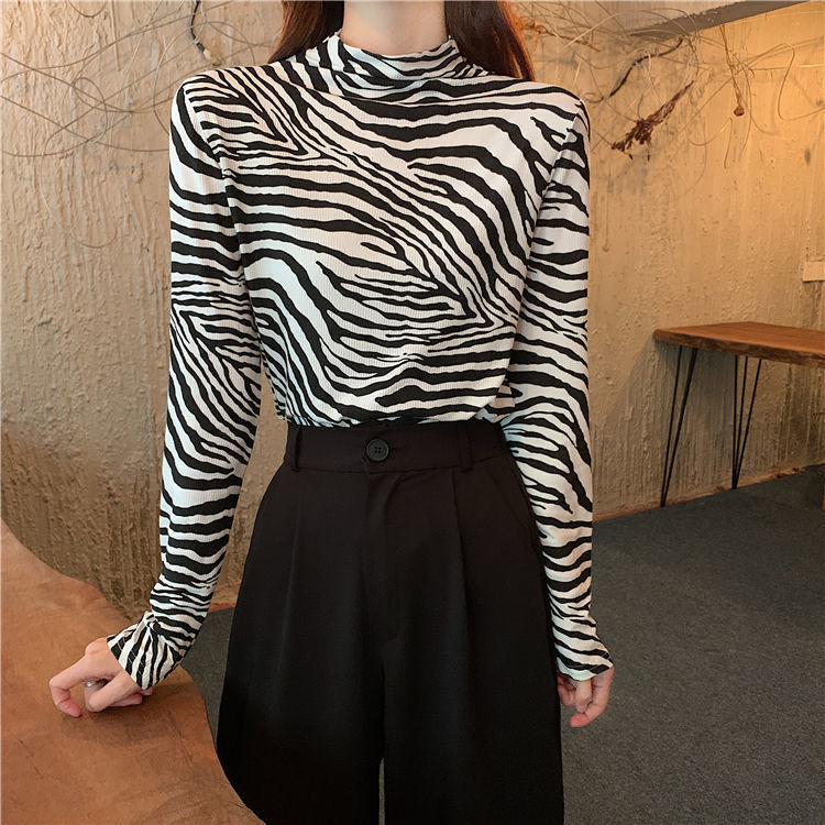 

Outono roupa feminina 2020 nova zebra coreana meia-alta gola camisa fundo jaqueta de feminino, White