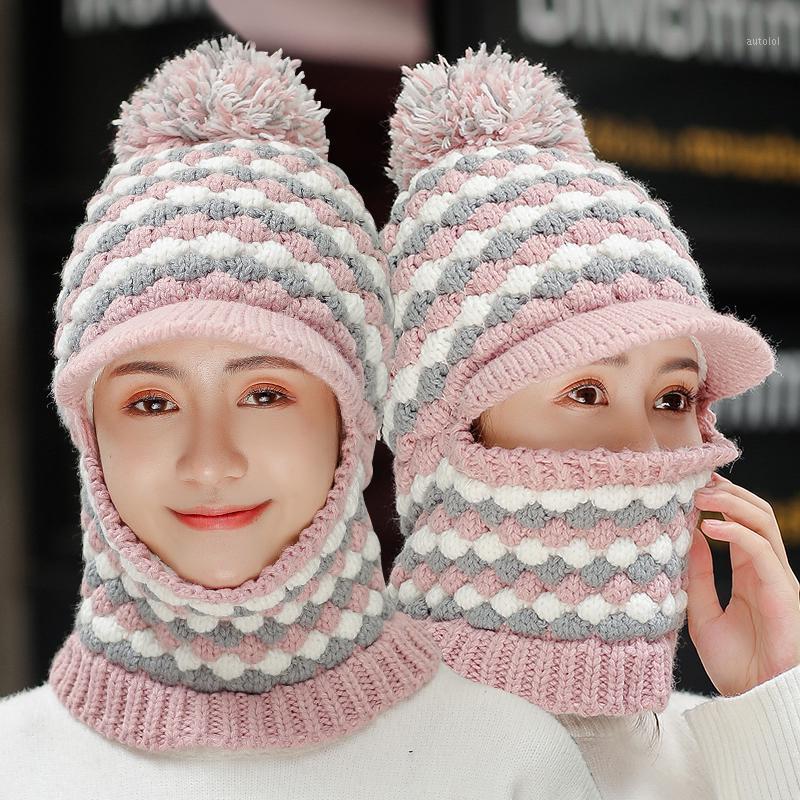 

New Fashion Hats For Women Outdoor Windproof Keep Warmer Winter Knitted Hat High Quality Warm Thick Pompoms Balaclava Peaked Hat1, Dark pink
