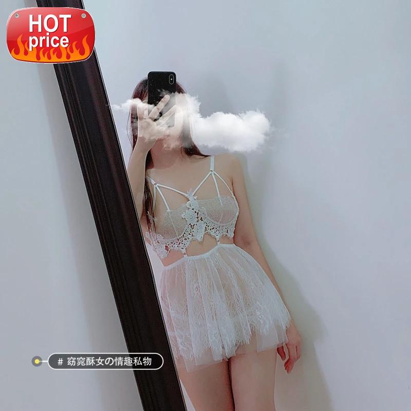 

Sexy Lingerie Sleepwear Evening Wear Sexy Night Gowns with Thong Sets Halter Backless Mesh Lace Fabric Wedding Use Young Girl #FL75, Black;white