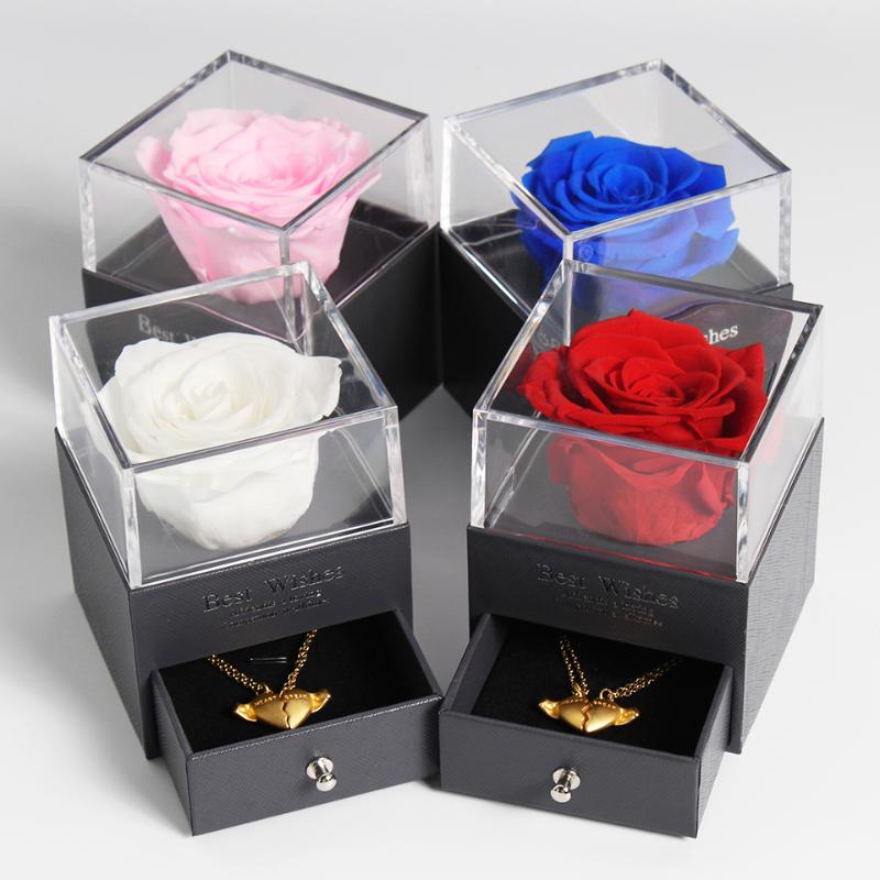 

Preserved Fresh Rose Eternal Flower Jewelry Box with I Love you Necklace Mother's Valentine Gifts, 00