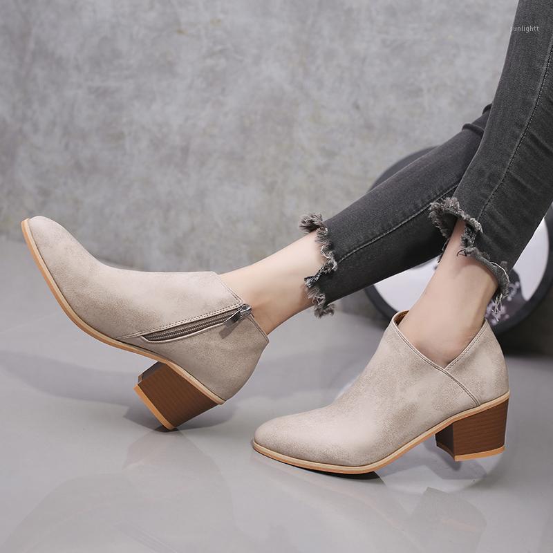 

Women Boots Retro Pointed Toe 2020 Women's Casual Leather Ankle Boots Zip Ladies Sewing Female Mid Thick Heels Shoes Plus Size1, Light blue