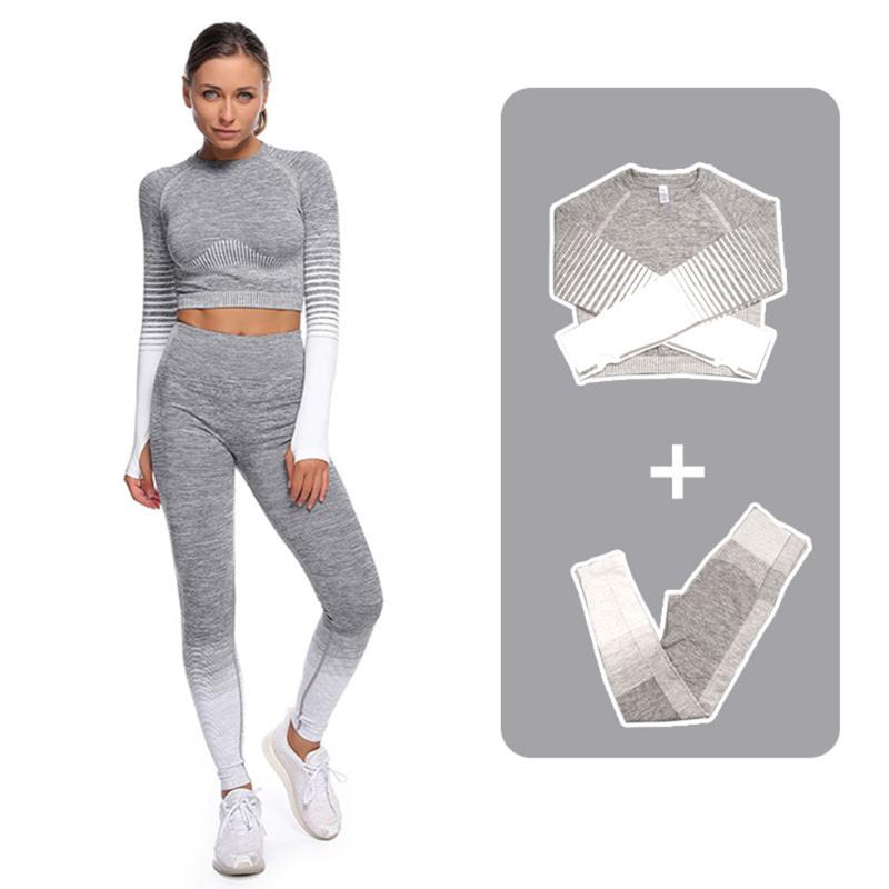 

2/3 PCS Seamless Women Yoga Set Fitness Leggings Pants Sportswear Long Sleeve Color Stripes Sport Suits Gym Women' Yoga Clothes, 2pcs gray-green-a