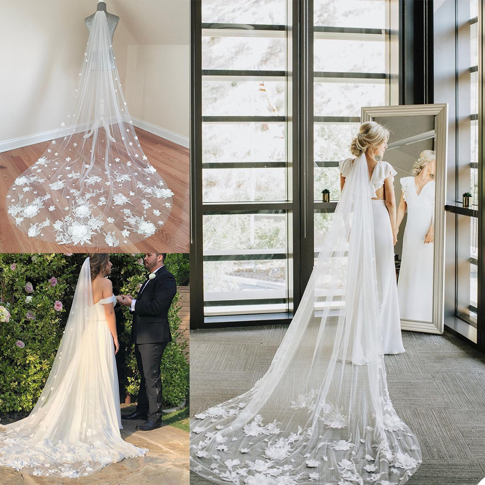 

Luxurious Bridal Veils Lace Flowers Beads Wedding Veils Custom Made Bridal Tulle Veil Wedding Accessories 3m Popular Wedding Shawl, Ivory