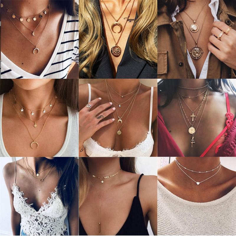

Modyle Bohemian Moon Star Crystal Heart Cross Choker Necklace for Women Gold Color Vintage Multilayer Pendant Necklace Jewelry