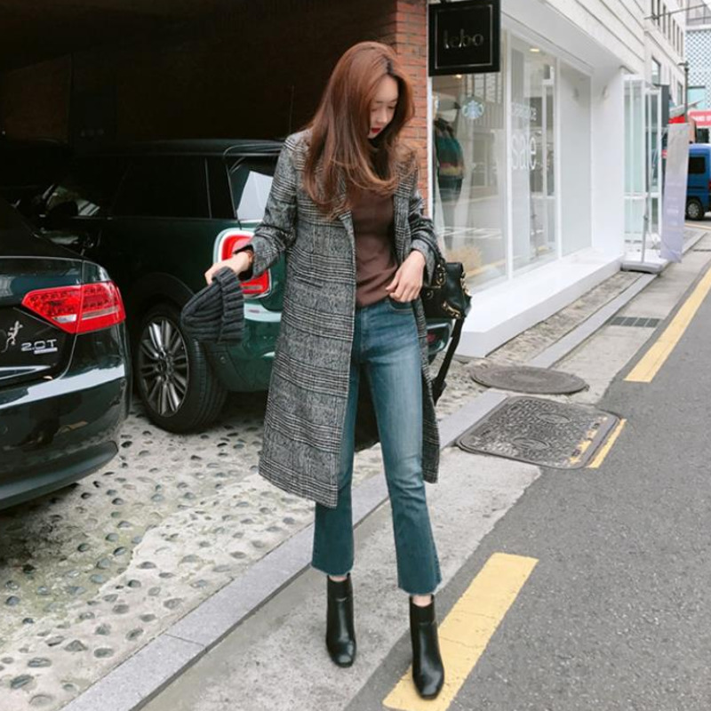 

Vintage Plaid Jacket Trellises Wool Coat Autumn Long Fine Lapel Women Fashion New Women' Clothes Dpku, Gray.