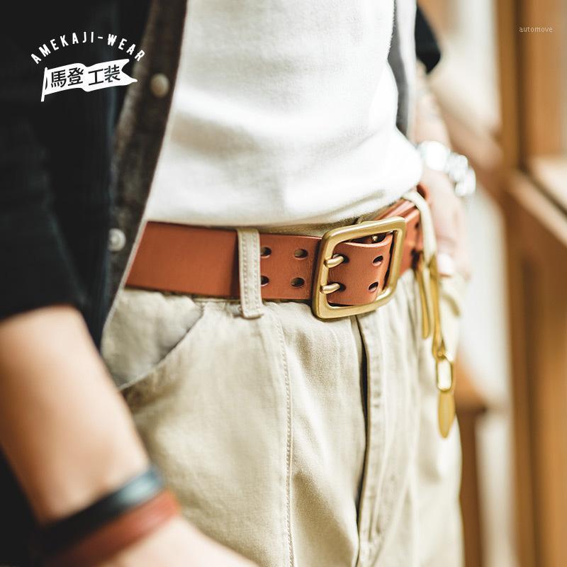 

Maden Retro Leather Belts For Men Casual Cowskin Belt Vintage Copper Pin Buckle Solid Accessories1, Black