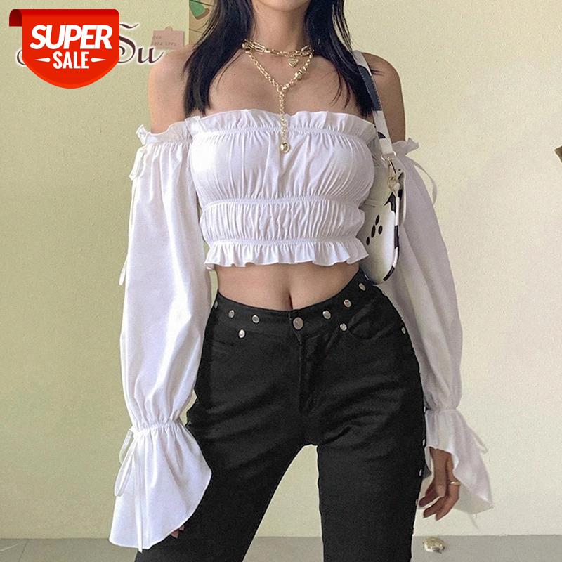 

ArtSu Ruffles White Off Shoulder Crop Top Women Elastic Flare Sleeve T-shirt Ladies Autumn Backless Tee Shirt Femme TS52288 #WB8y