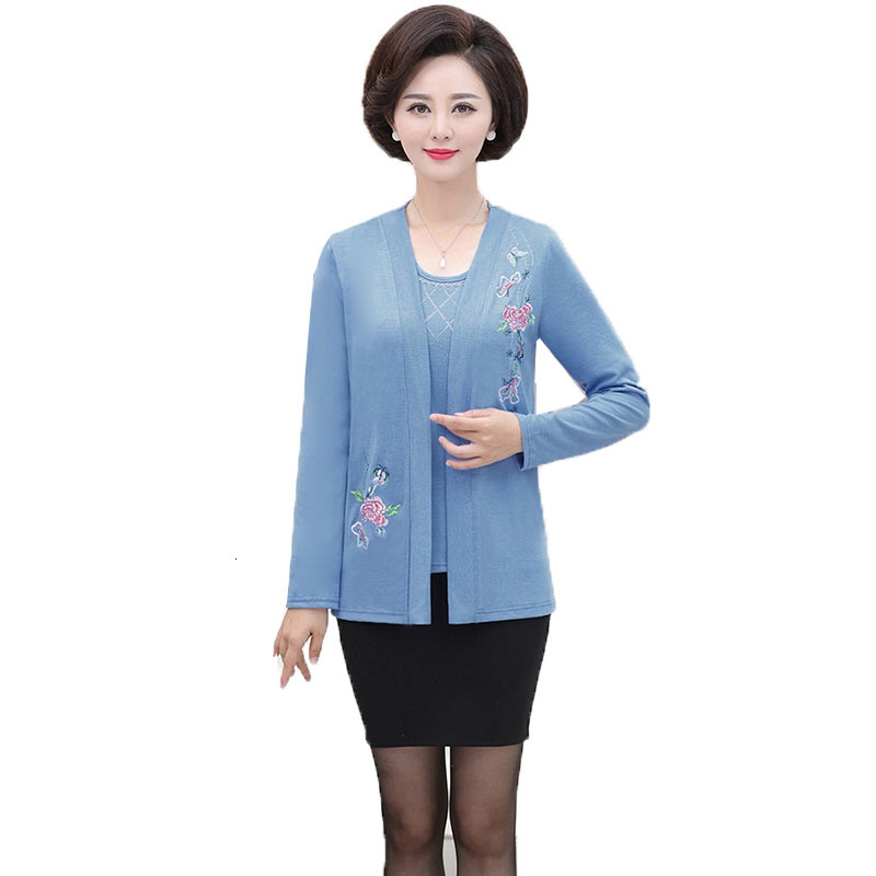 

2021 New Middle-aged Elderly Women's Jackets Fashion Jacket Shirt Embroidered Coat 2 Piece All Female Spring Knitted Cardigan ERB9, Red rose