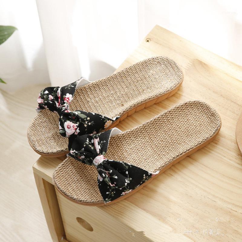 

Women Flax Home Slippers Summer Bow-knot Soft Floor Woman Indoor Slides Flats House Shoes Cute Linen Slipper Zapatos De Mujer1, Navy