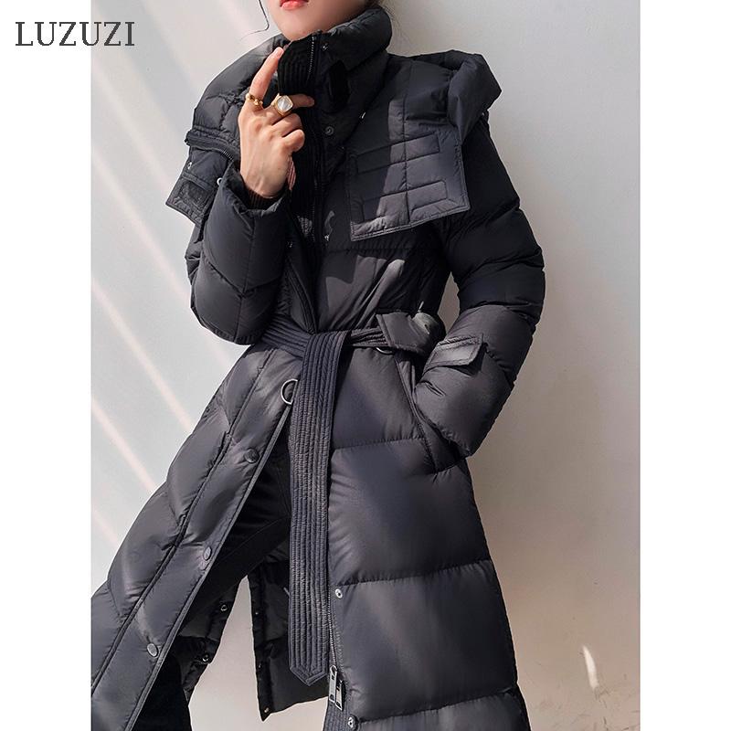 

LUZUZI Winter Women' Down Jacket Fashion new Hooded X-long Jacket Female Thicken large size blue black White Women' Down Coat
