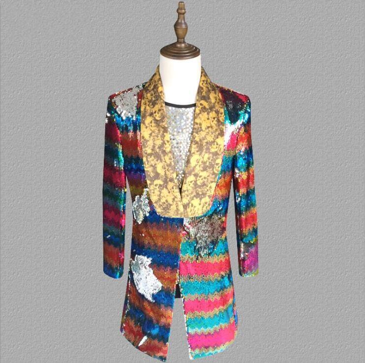 

new Sequined dress Men' Hot Fashion stage long suit jackets nightclub bar DJ Men suits male singer personality trend costume, Photo color