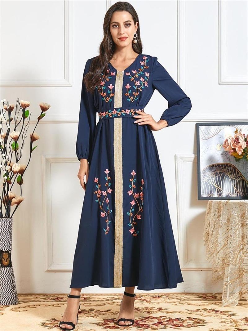 

Maxi Dress for Women Fall 2021 Elegant Blue Ethnic Floral Embroidery Loose Plus Size Long Sleeve Belted Arabic Clothes, Navy blue dress