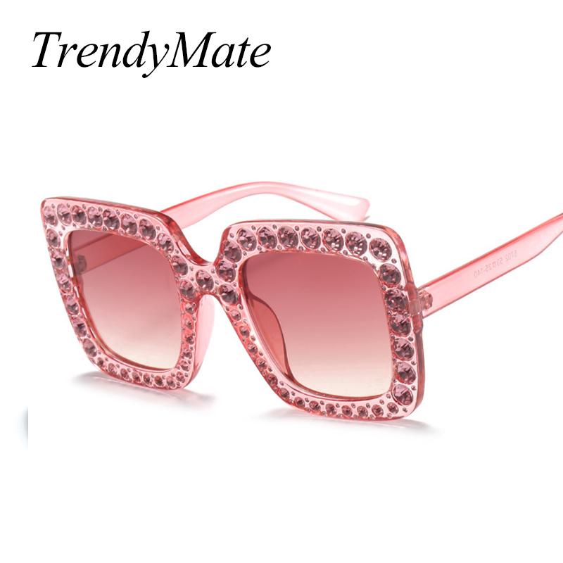 

Fashion High Quality Luxury Rhinestone Square Sunglasses Women Brand Designer Oversized Large Frame Pink Sunglasses Oculos 1150T