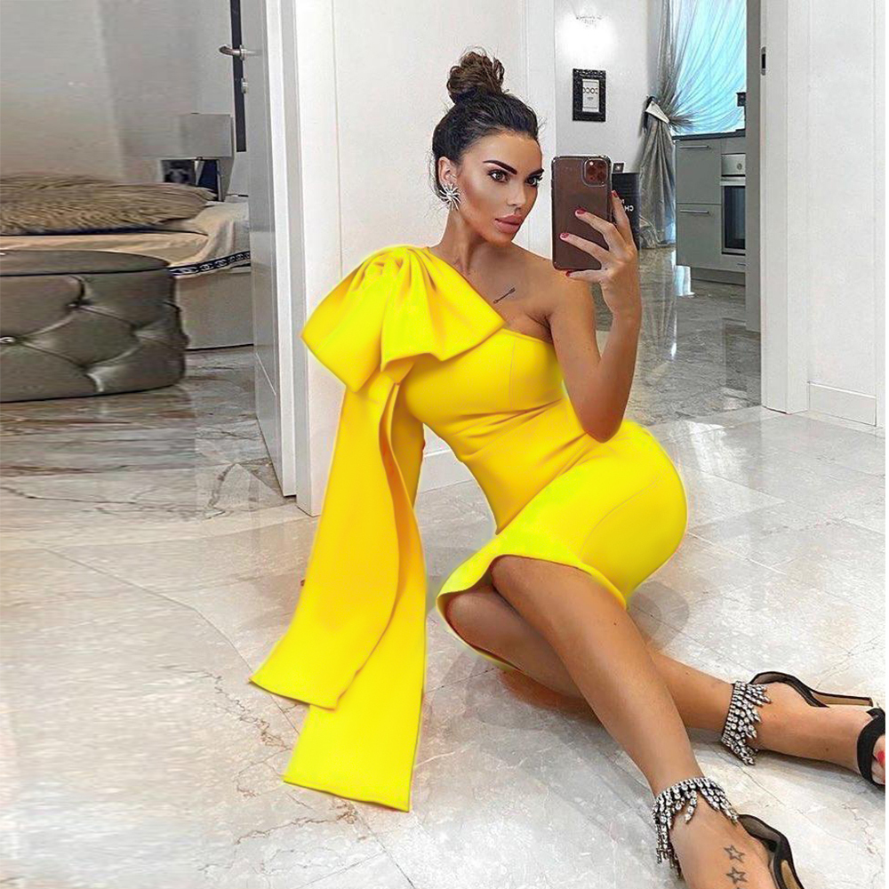 

2021 The New Sexy Shoulder Straddle Bandaged New Female Asymmetric Yellow Fall Bandage Night Dress Party Kkbe, Blue