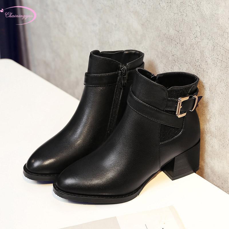 

European style genuine leather autumn ankle boots fashion belt buckle zipper black thick heel motorcycle boots women's shoes1