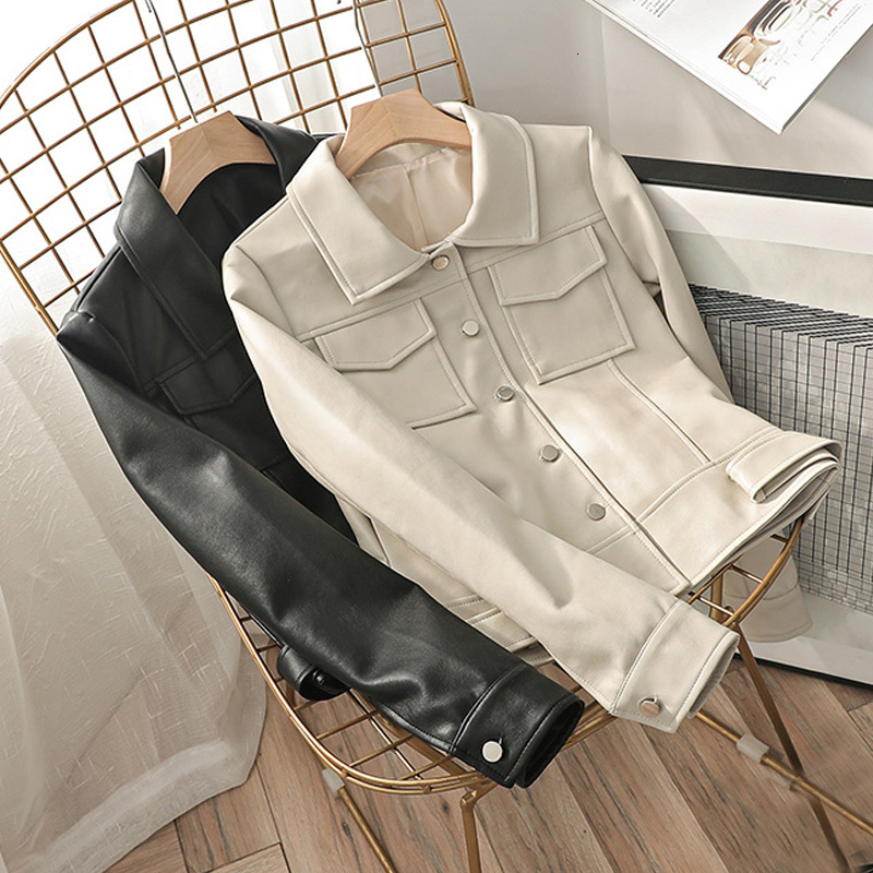 

2021 New Women Collar Solid Leather Jacket Ladies Sleeve Punk Outwear Jackets J15Z, Beige