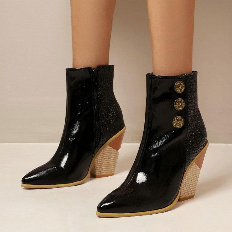 

Sianie Tianie 2021 snakeskin print colorblock woman's boots plus size 46 47 48 pointed toe chunky hig heels women ankle boots, Black