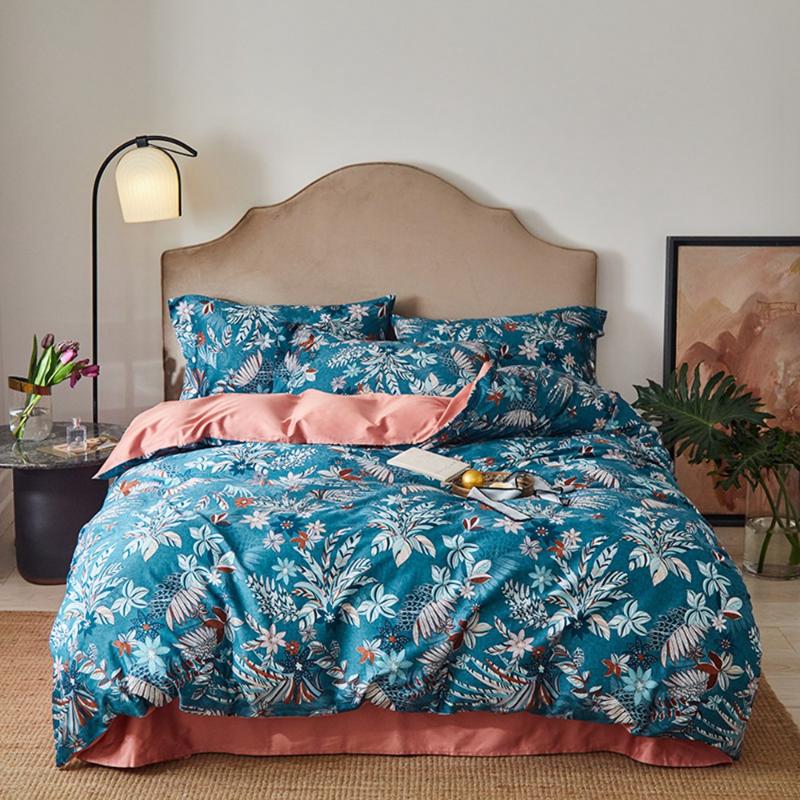 

Luxury Leaf print Bedding set 100% Egyptian cotton bedclothes Girls hometextile duvet cover queen king size bedding room, As pic