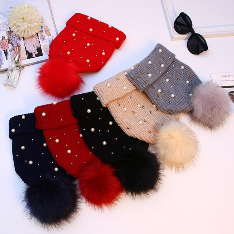 

Ladies Warm Thick Knitted Wool Beanies Hat Imitation Pearls Fur Pom Ball Pompom Bonnet Cap Skullies Hat for Women Streetwear, Red