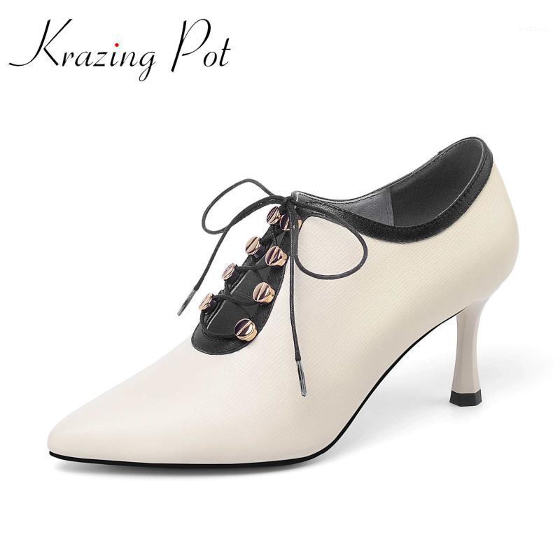 

Krazing pot 2020 hot sale big size full grain leather pointed toe high heels bowtie gentlewomen mature lace up spring pumps L031, Beige
