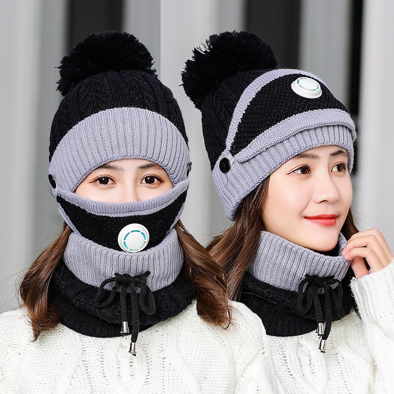 

New Beanies Hat Women Sets 3pcThick Knit Skullies Hats Scarf Mask Female Winter Outdoor Windproof Warm Knitted Wool Caps, Pink