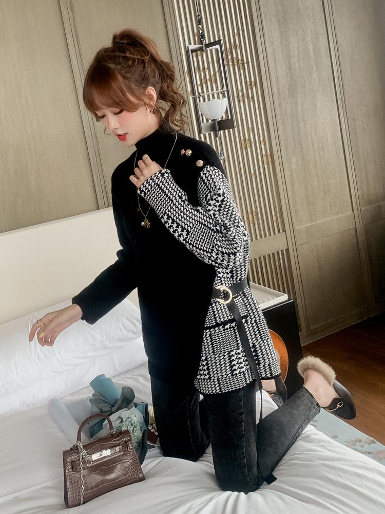 

Full Sleeve Half-turtleneck Buttons Korean Fashion Office Tops Sweaters 2021 Women Houndstooth Patchwork Pullover Sweater Women, Black