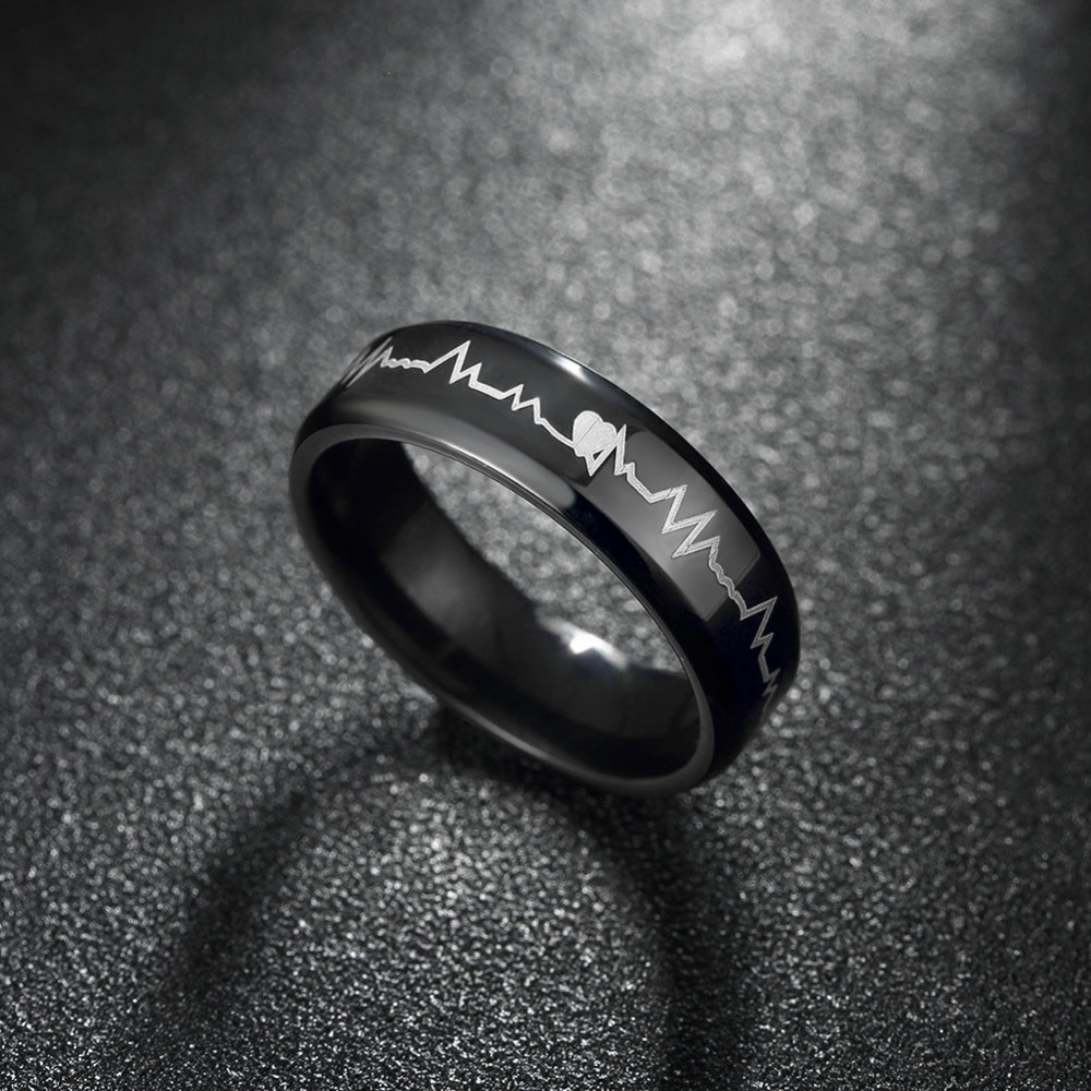 

Stainless Steel Ring Men's Japanese and Korean Fashion Creative Black ECG Titanium Steel Ring Hot Selling Proposal Engagement Wedding Ring