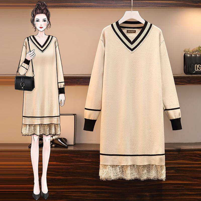 

Autumn Winter Lace Woman Sweater Dress Patchwork V Neck Long Sleeve Plus Size Black Midi Dress Ladies Casual Elegant Vestidos