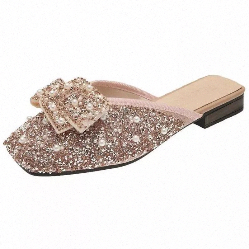 

Ladies Bling Crystal Diamond Black Pink Dress Flats Womens Bow Sequins Rhinestone Glitter Square Toe Zapatillas Mujer Casa #294T