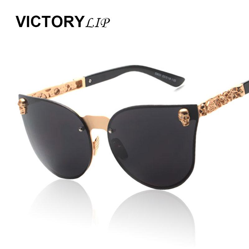 

VictoryLip Rose Gold Sunglasses Women Skull Mirror Brand Designer Metal Frame Sun Glasses Mirror Flat Lens Cat Eye Hot Sale