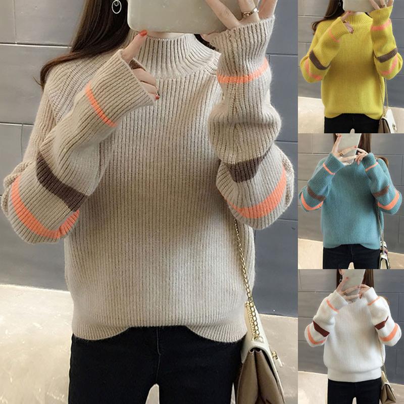 

Women Casual Turtleneck Stripe Blouse Long Sleeve Knitted Sweaters Slim Tops keep lightweight and comfortable 2021#35, Ye