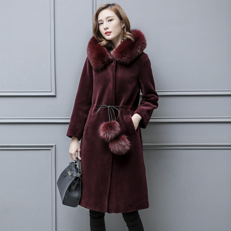 

Real wool sheep shearing coat female fur collar large thickened fur coat hooded medium length, Army green