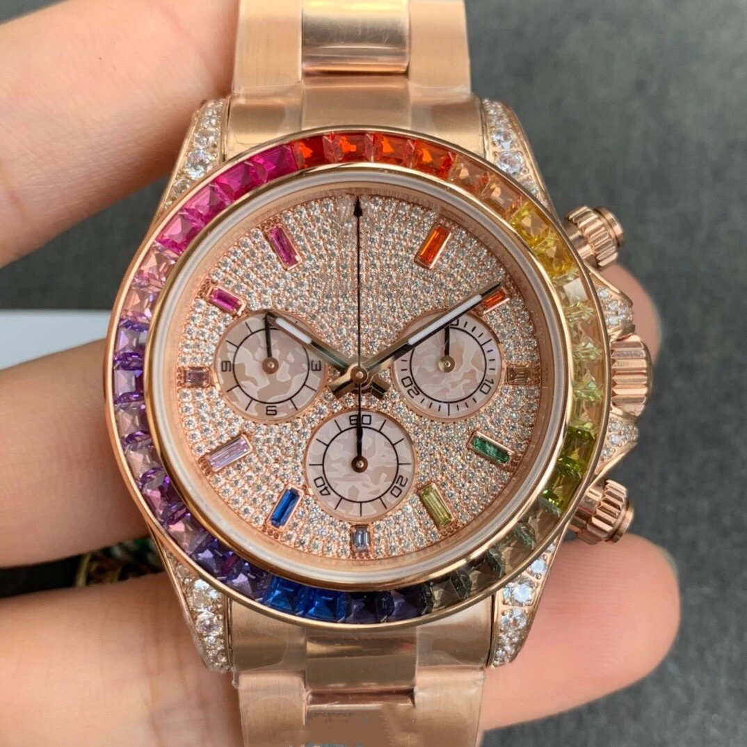 

Top fashion classic men 40mm rainbow full diamond 18K rose gold automatic mechanical fashion waterproof men's watch, Box