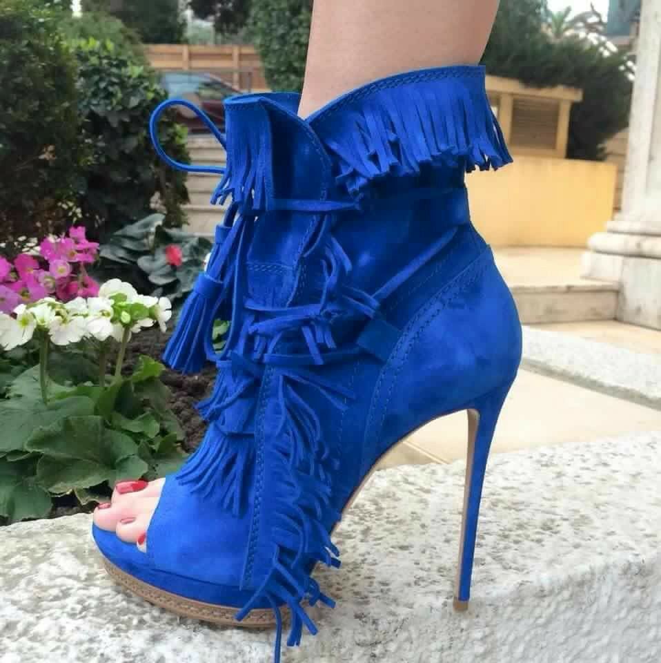 

Peep Sexy Autumn Woman Toe Tassel Short Yellow Blue Suede Fringe Loop-up Ankle Thin Platform Boots High Heels 5s9i