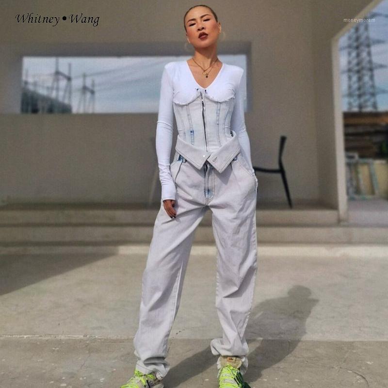 

WHITNEY WANG 2020 Spring Fashion Streetwear 2 Pieces Slim Chest Patchwork High Waist Jeans Women Stylish Denim Pants1, White