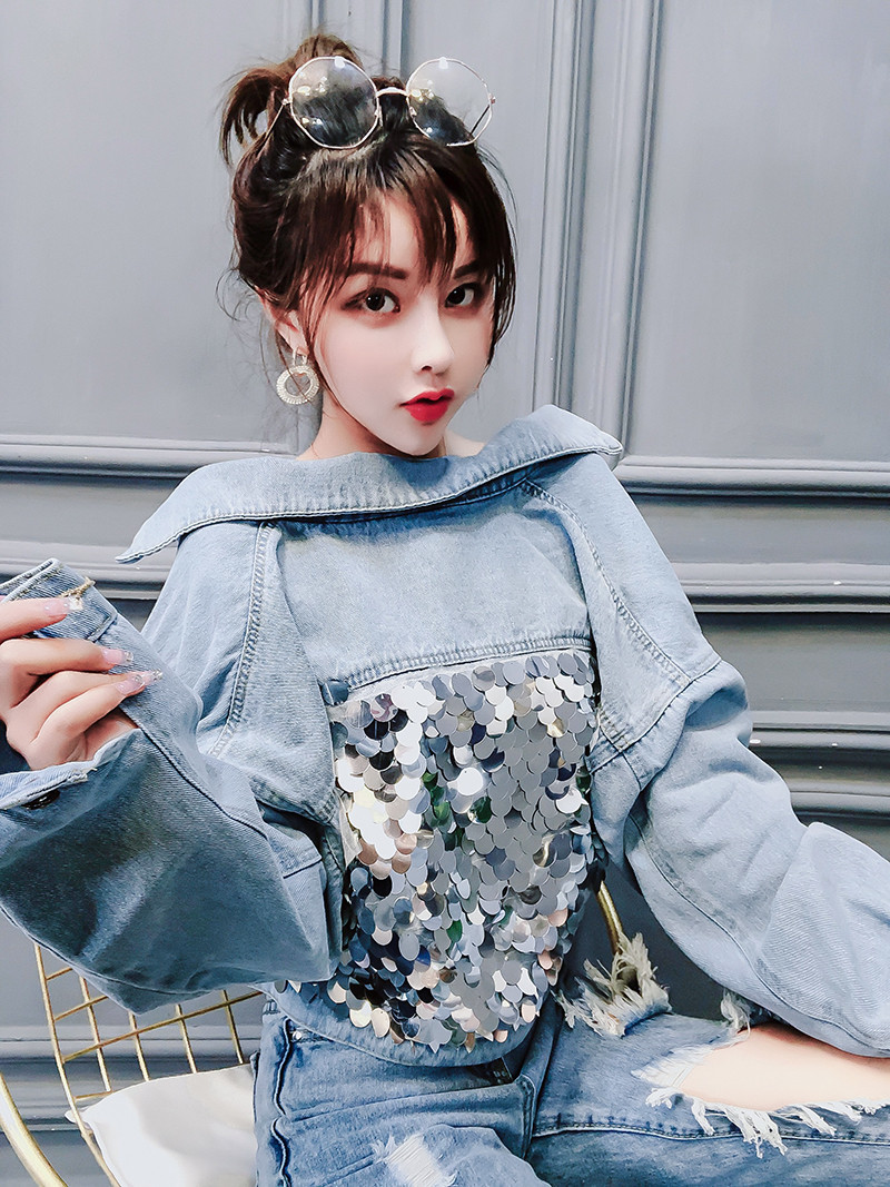

2021 Fashions Blingbling Sequins Jackets New Spring Fall Thin Female Street Style Short Sleeves Long Denim Jacket 3NW7, Blue